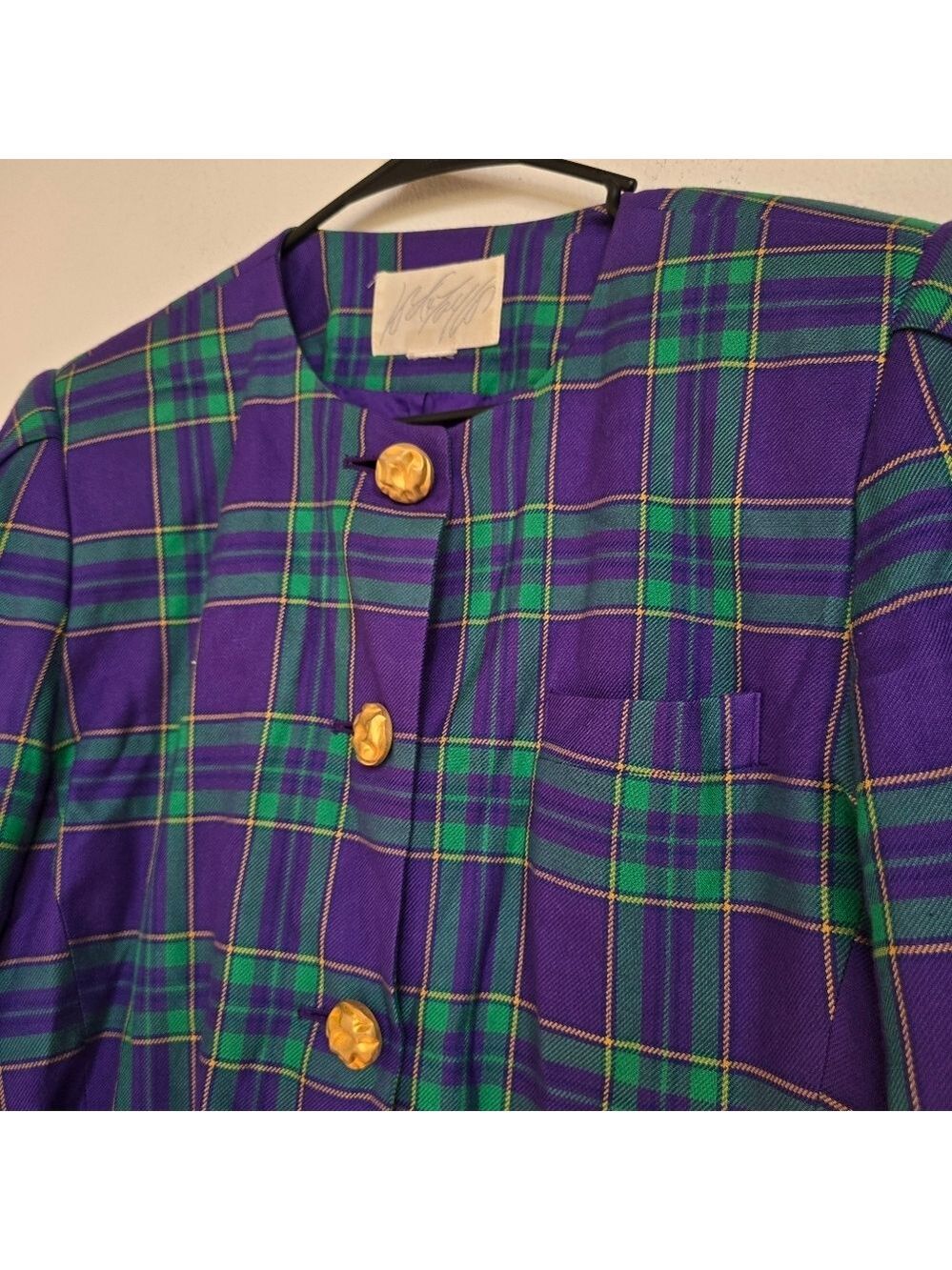 Lord & Taylor Purple Green Plaid Vintage Blazer Chunky Gold Buttons - Picture 5 of 14